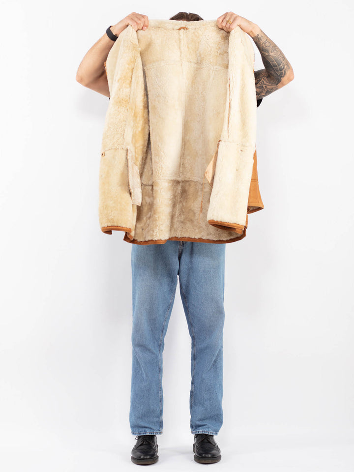 Vintage 80's Men Sheepskin Leather Coat in Caramel Brown