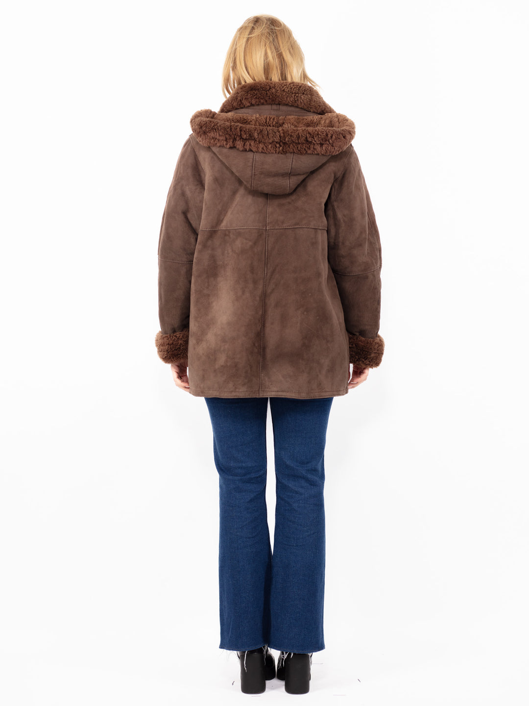 Vintage 90's Women Hooded Sheepskin Coat in Brown