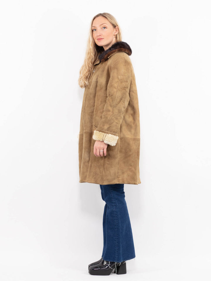 Vintage 70's Women Sheepskin Shearling Coat in Beige