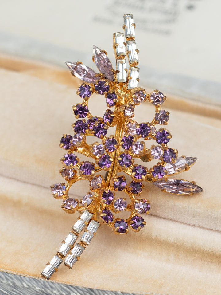 Vintage 50s Sparkling Brooch with Purple and Clear Rhinestones