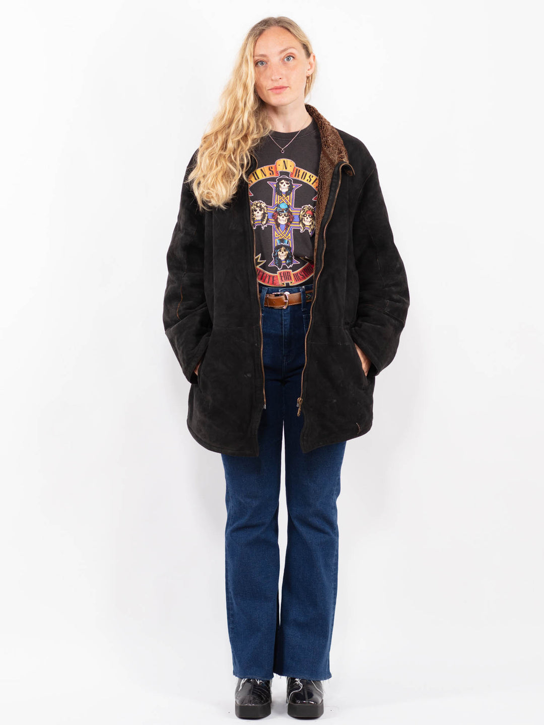 Vintage 80's Women Sheepskin Coat in Black