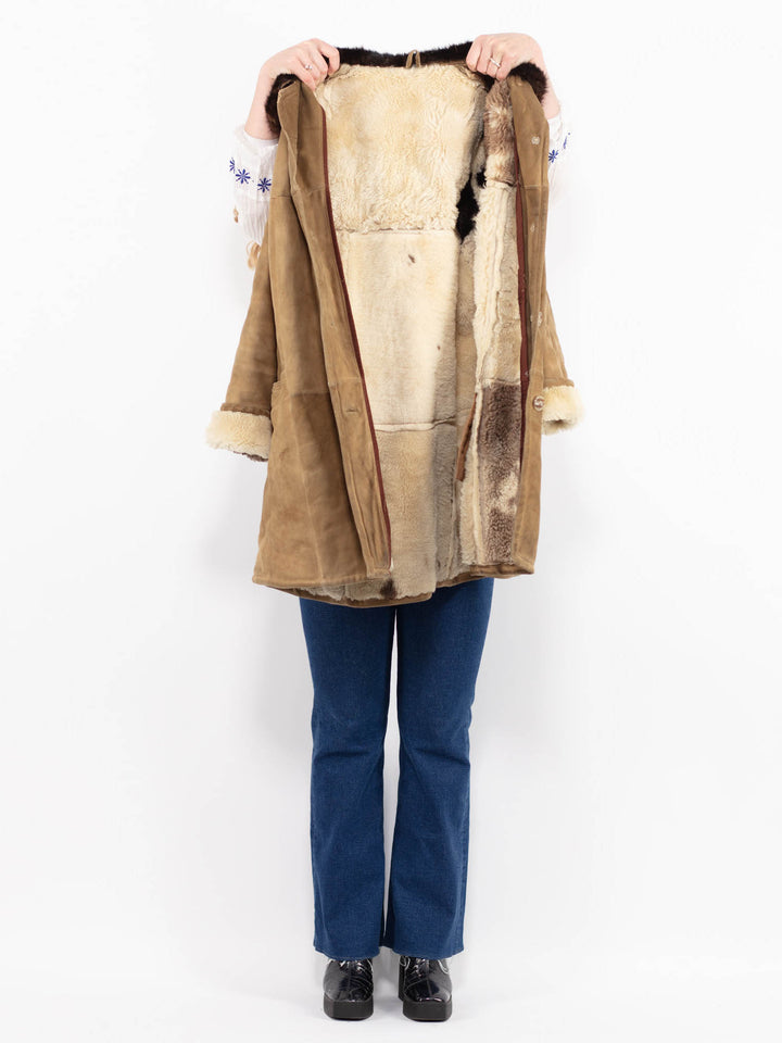 Vintage 70's Women Sheepskin Shearling Coat in Beige