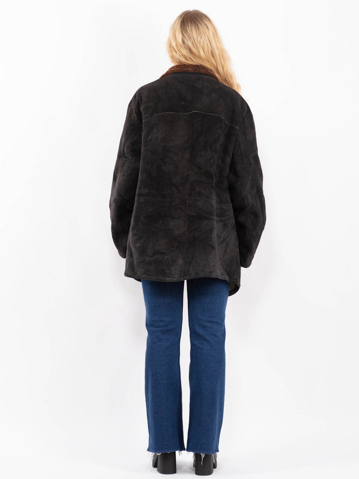 Vintage 80's Women Sheepskin Coat in Black
