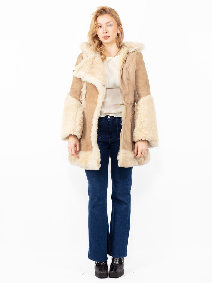 Vintage 70's Hooded Penny Lane Sheepskin Coat in Beige