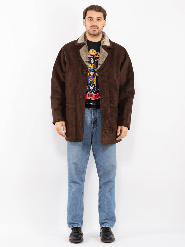 Vintage 90's Men Faux Sheepskin Coat in Brown