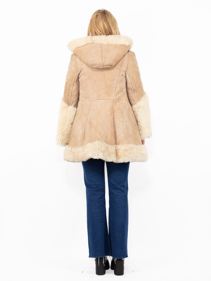 Vintage 70's Hooded Penny Lane Sheepskin Coat in Beige
