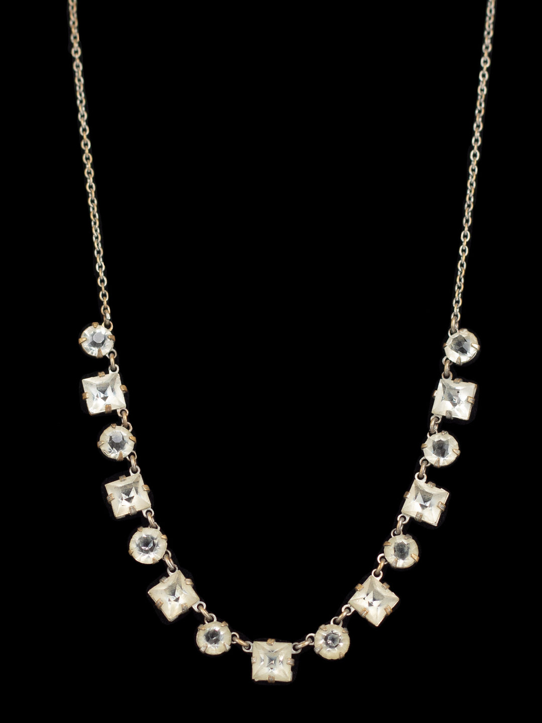 Vintage 50s Clear Rhinestone Necklace with Square and Round Crystals