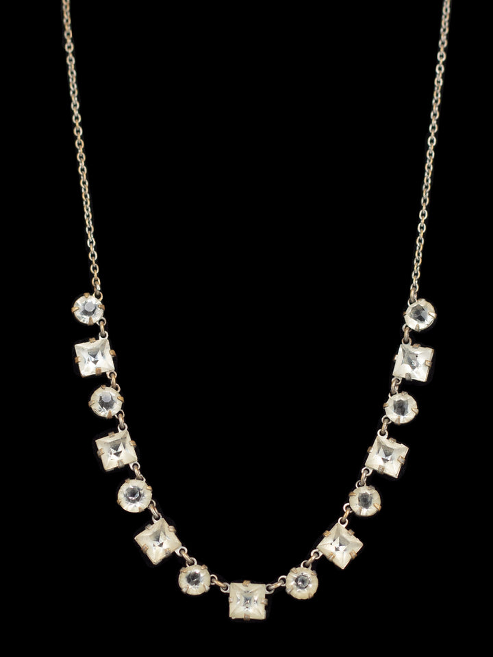 Vintage 50s Clear Rhinestone Necklace with Square and Round Crystals