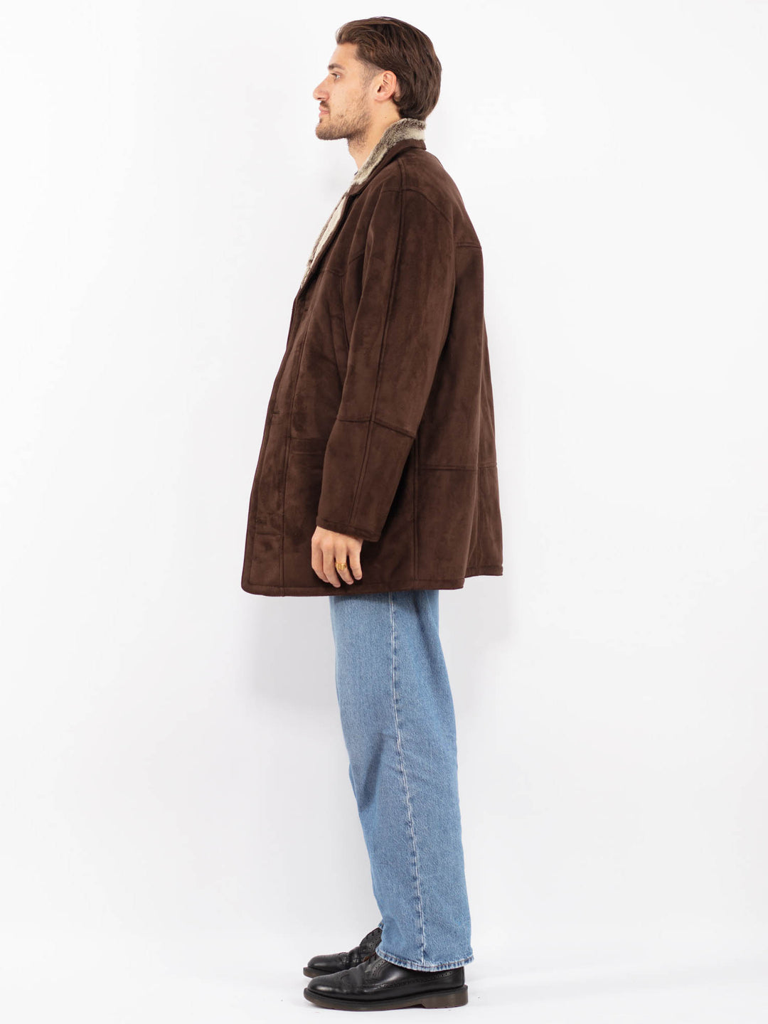 Vintage 90's Men Faux Sheepskin Coat in Brown