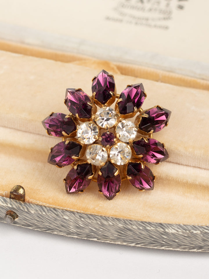 Vintage 60s Purple and Clear Rhinestone Starburst Brooch