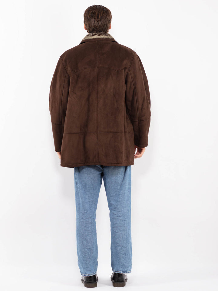 Vintage 90's Men Faux Sheepskin Coat in Brown
