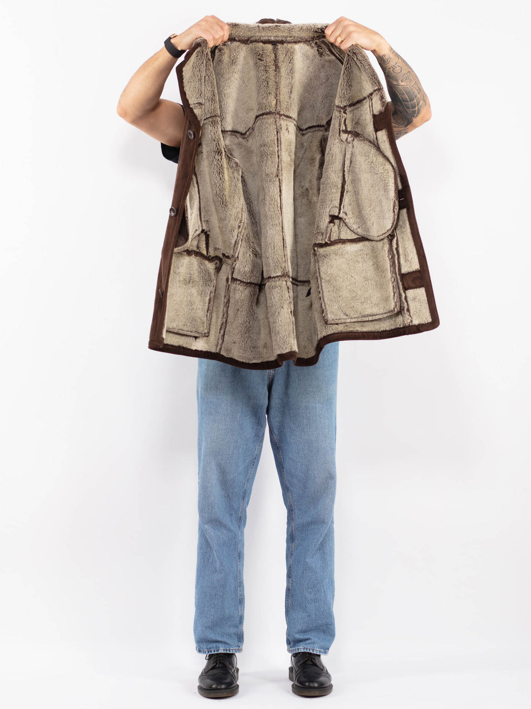 Vintage 90's Men Faux Sheepskin Coat in Brown