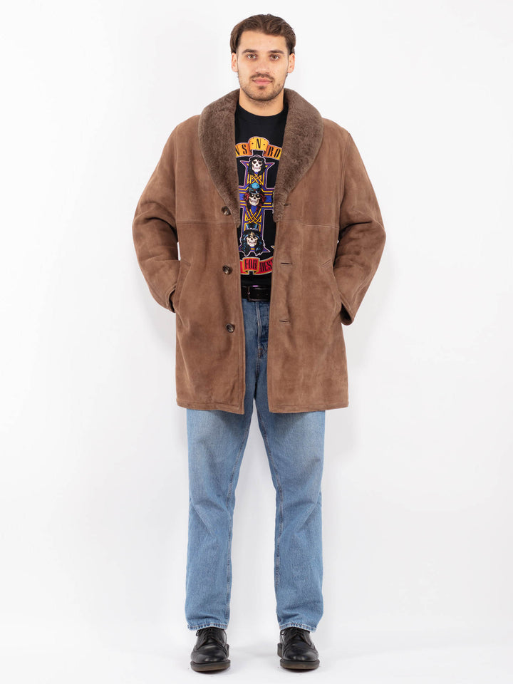 Vintage 70's Men Sheepskin Suede Coat in Brown
