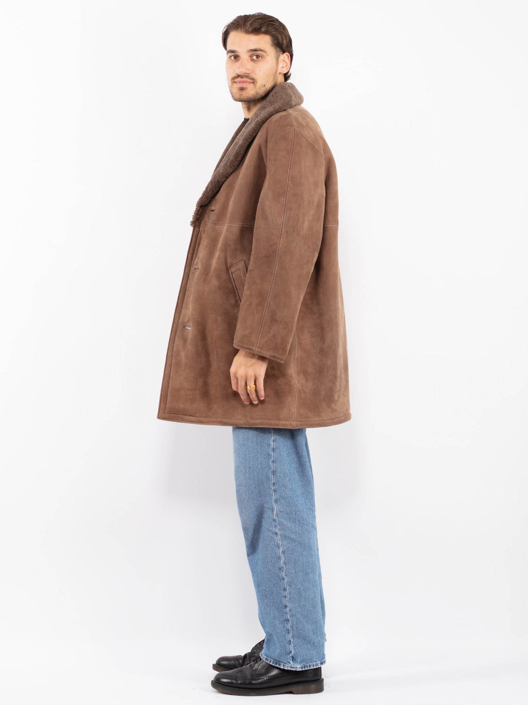 Vintage 70's Men Sheepskin Suede Coat in Brown