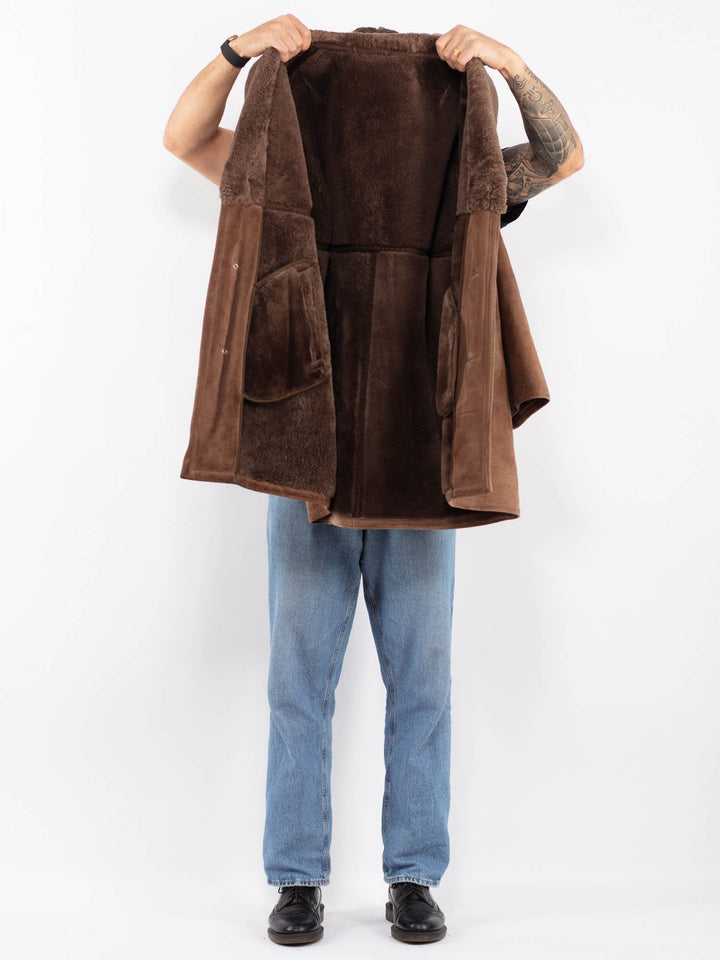 Vintage 70's Men Sheepskin Suede Coat in Brown
