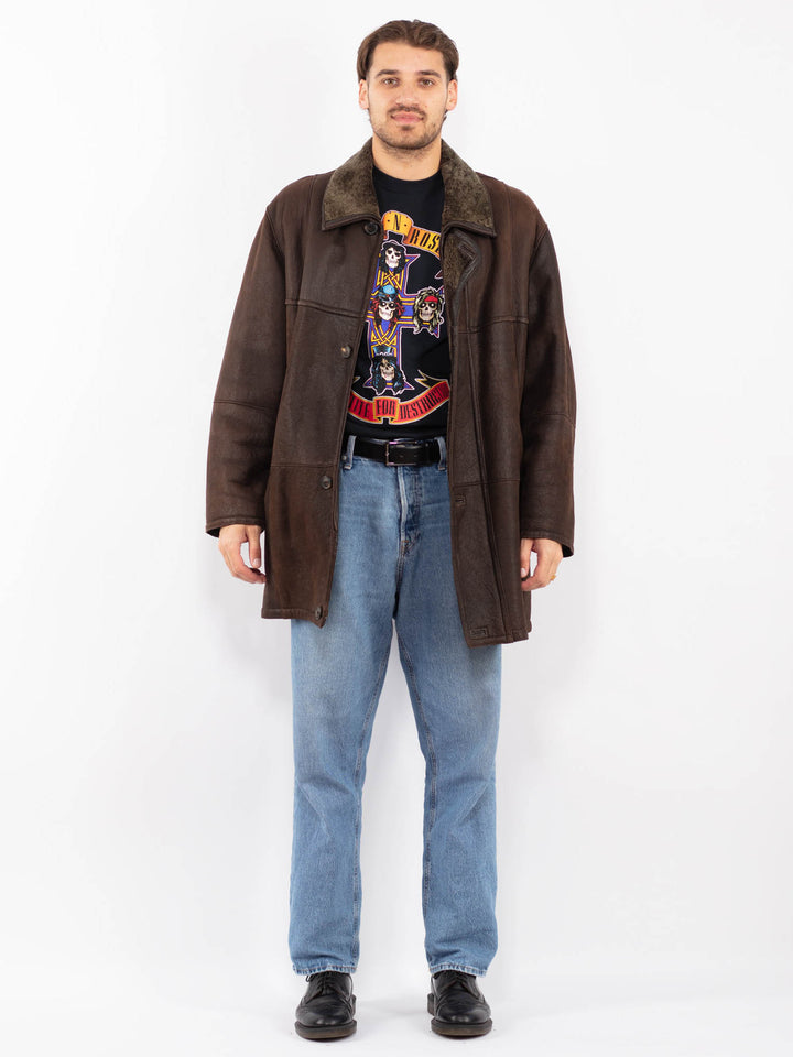 Vintage 80's Men Sheepskin Leather Coat in Brown