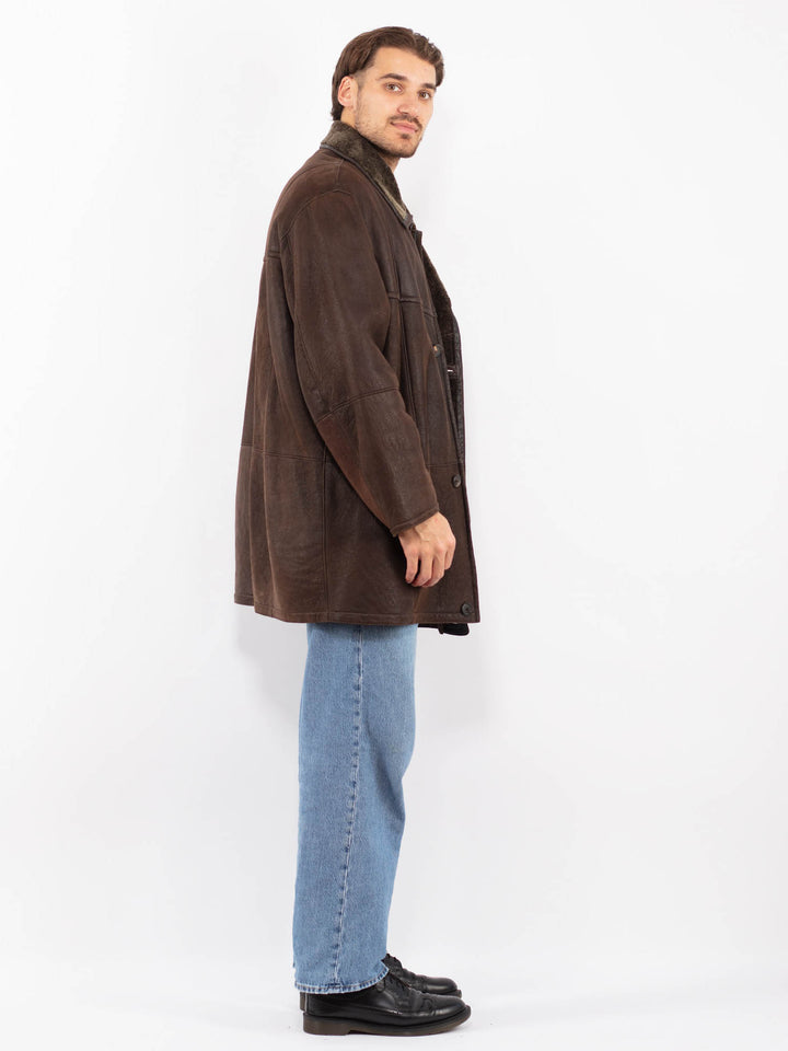 Vintage 80's Men Sheepskin Leather Coat in Brown