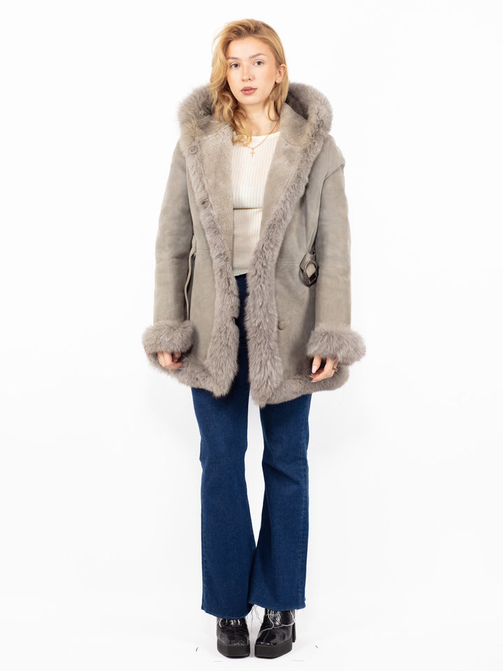 Vintage 90's Hooded Penny Lane Sheepskin Coat in Gray