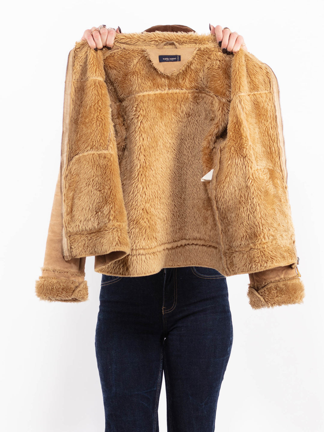 Vintage 90's Women Faux Sheepskin Jacket in Beige