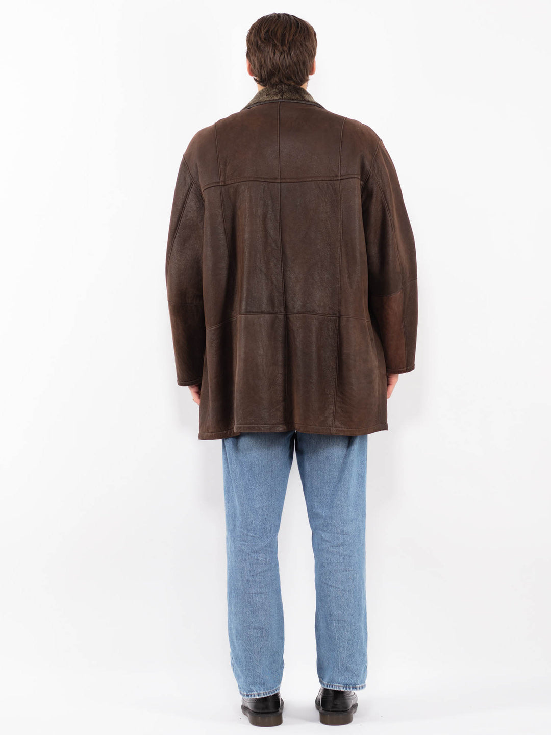 Vintage 80's Men Sheepskin Leather Coat in Brown