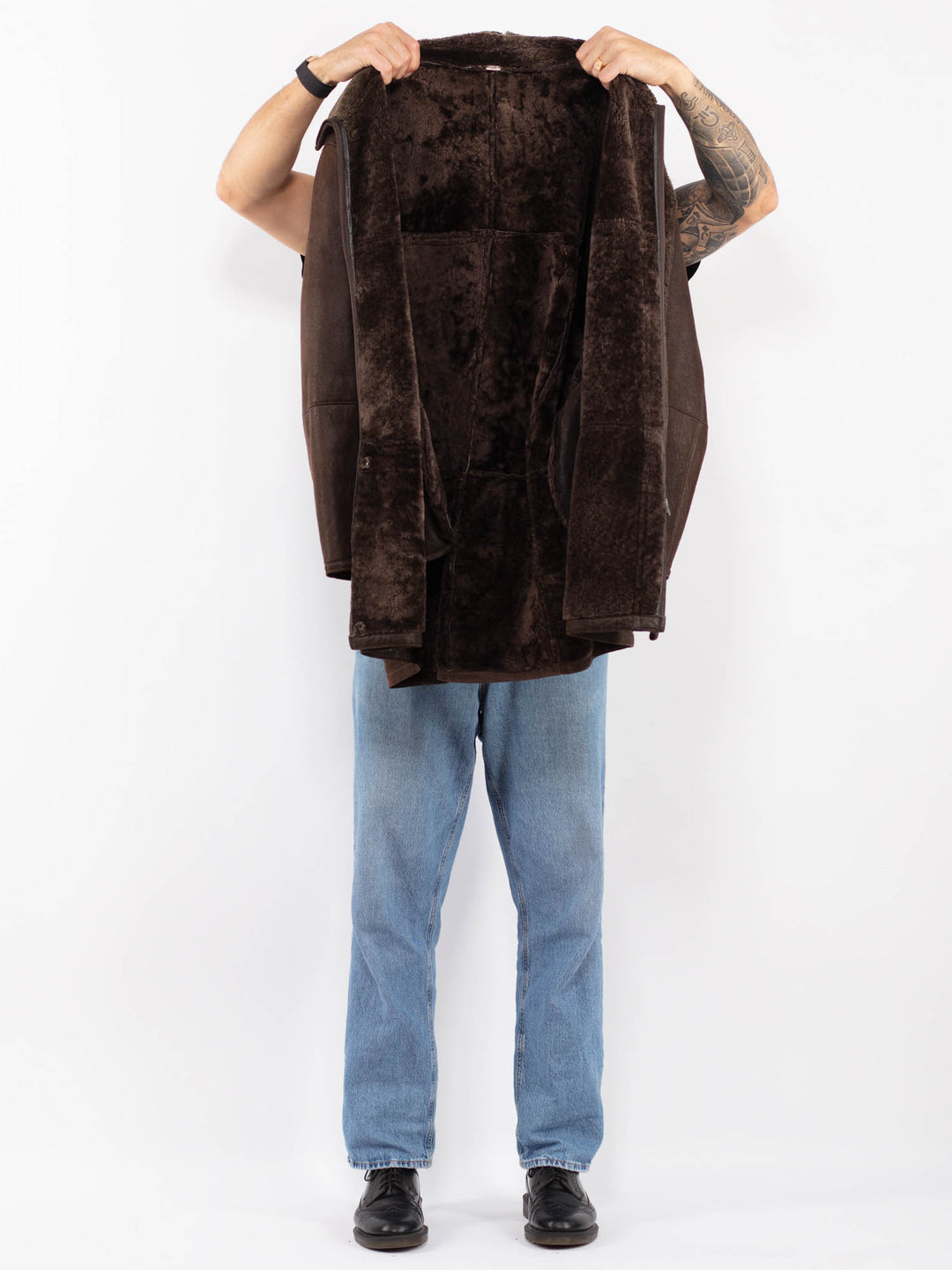Vintage 80's Men Sheepskin Leather Coat in Brown
