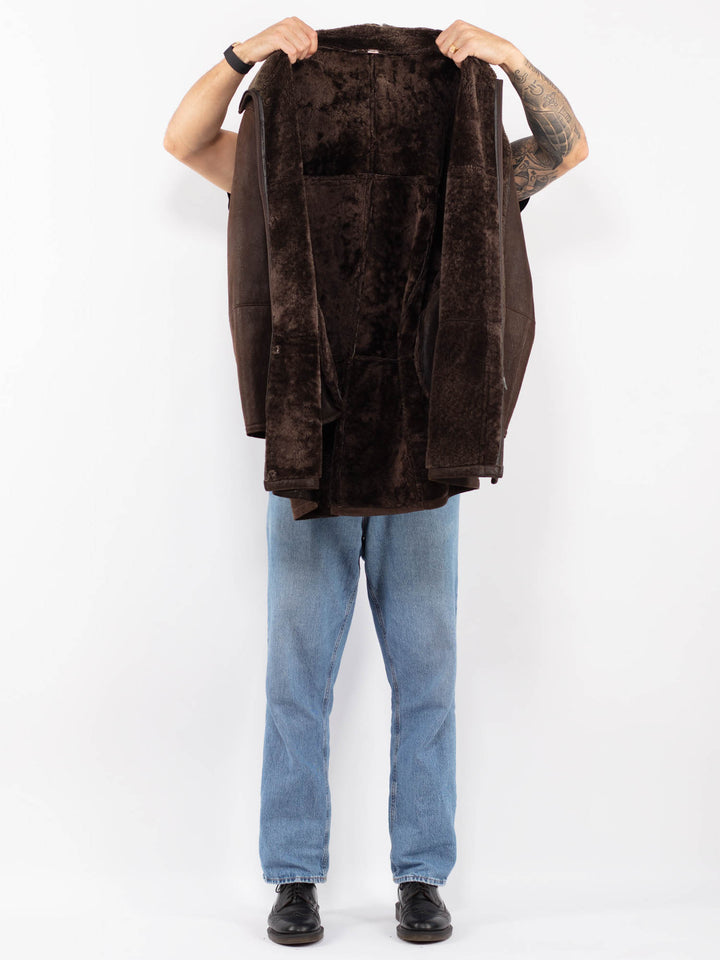 Vintage 80's Men Sheepskin Leather Coat in Brown
