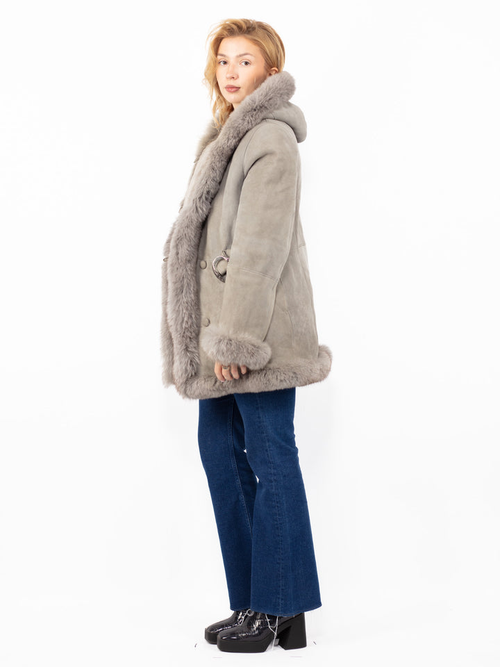 Vintage 90's Hooded Penny Lane Sheepskin Coat in Gray