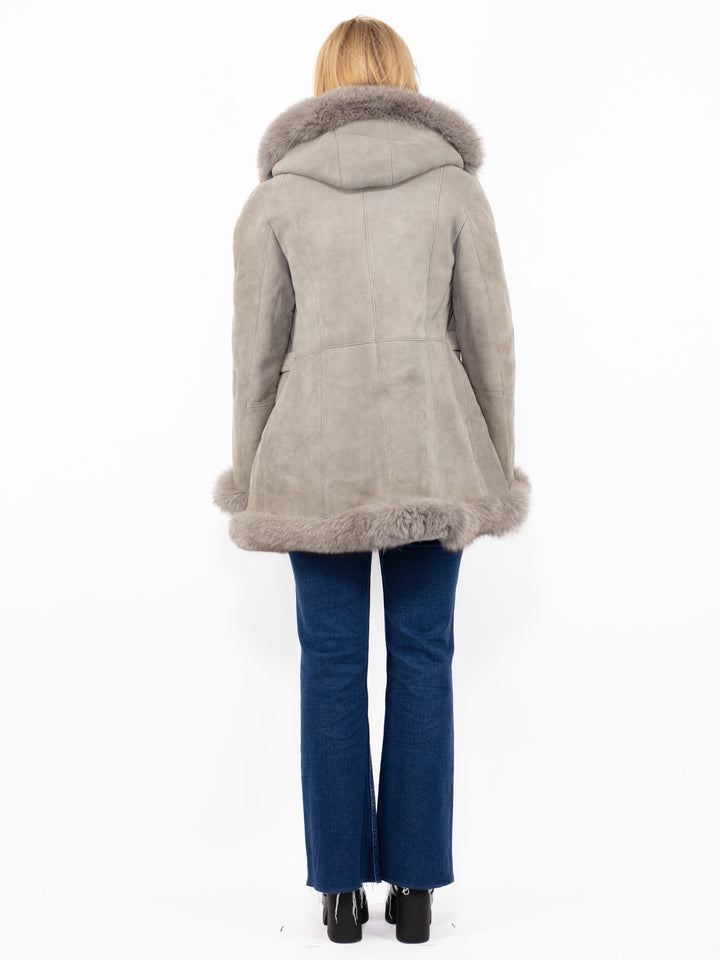Vintage 90's Hooded Penny Lane Sheepskin Coat in Gray