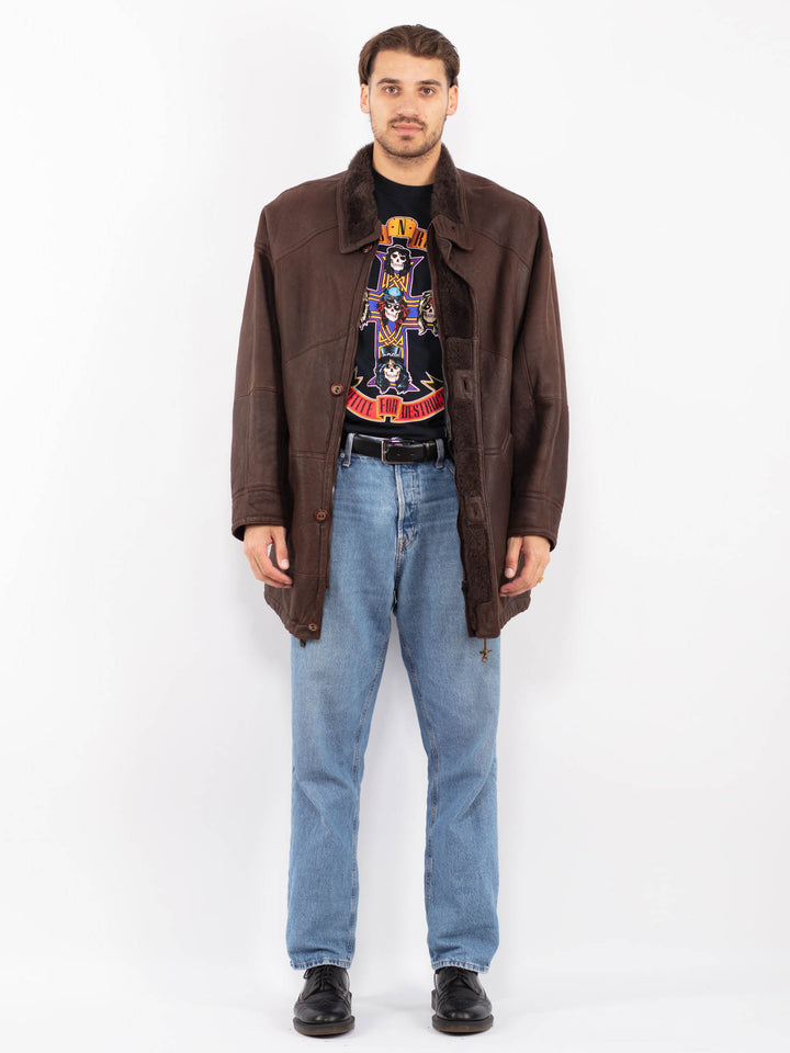 Vintage 90's Men Sheepskin Leather Coat in Brown