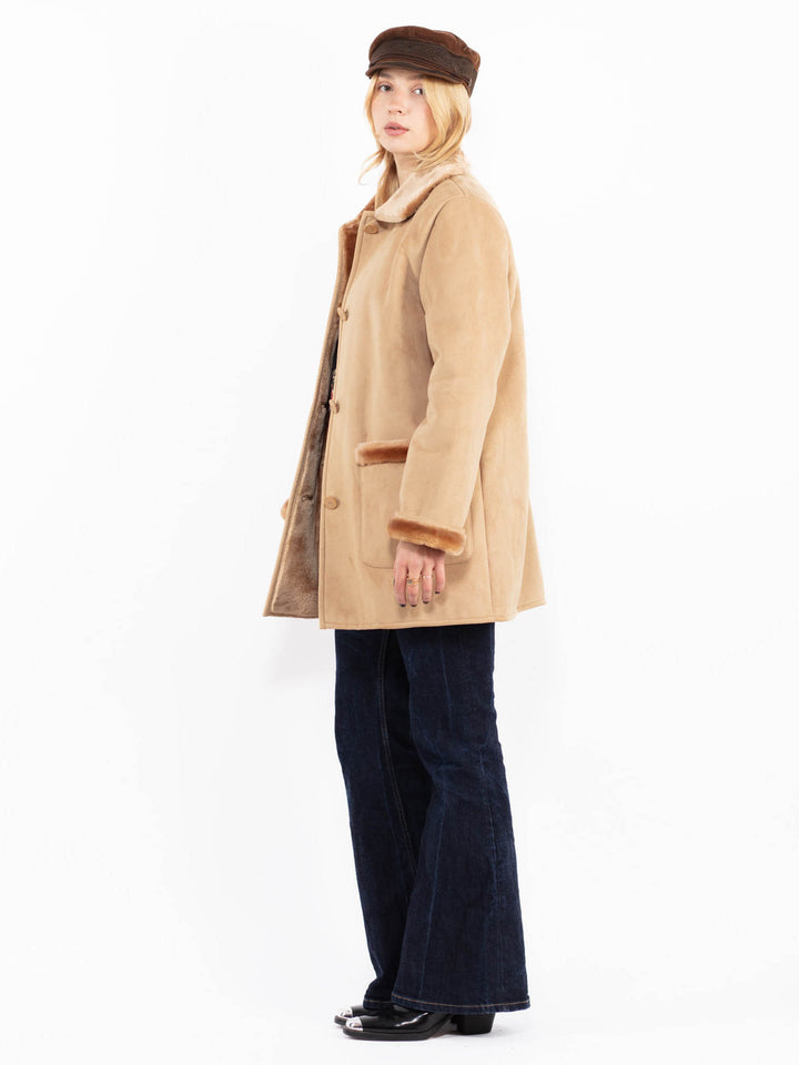 Vintage 00's Women Faux Sheepskin Coat in Beige