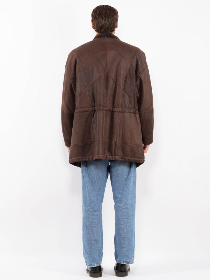 Vintage 90's Men Sheepskin Leather Coat in Brown