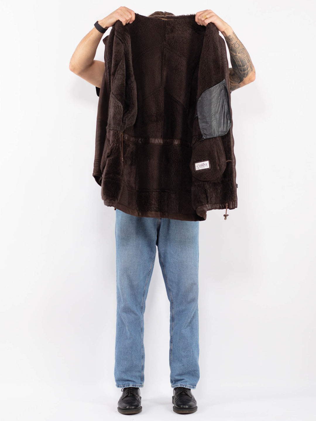 Vintage 90's Men Sheepskin Leather Coat in Brown