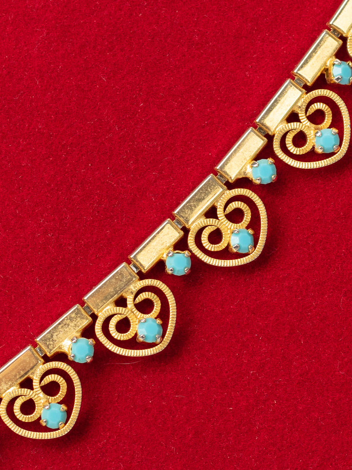 Vintage 60's Gold-Tone Heart Necklace with Blue Glass Cabochons
