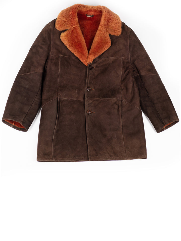 Vintage 70's Men Sheepskin Shearling Coat in Brown