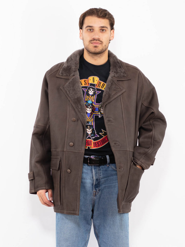 Vintage 80's Men Sheepskin Coat in Gray Brown