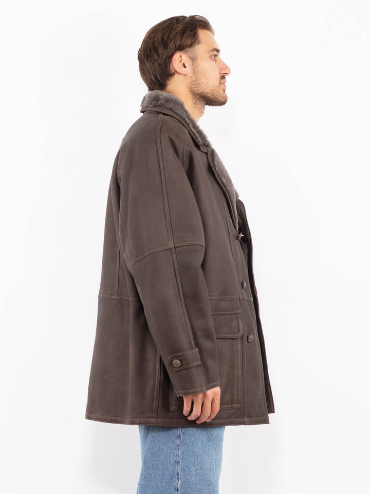 Vintage 80's Men Sheepskin Coat in Gray Brown