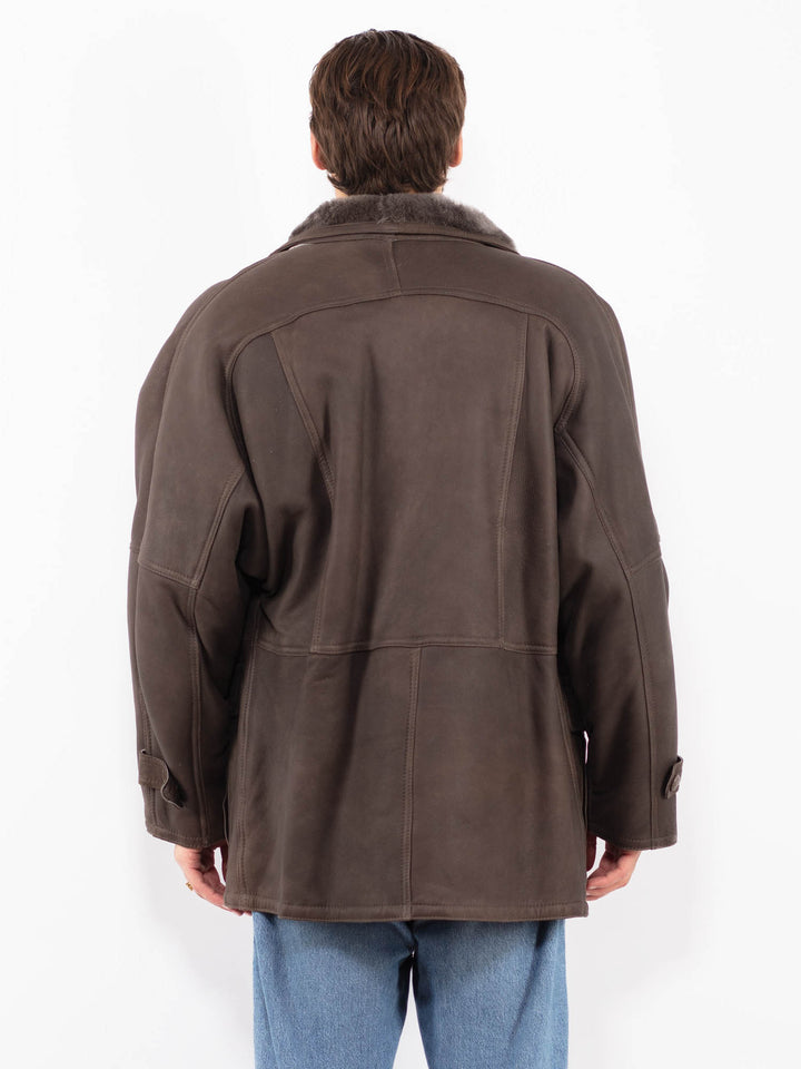 Vintage 80's Men Sheepskin Coat in Gray Brown