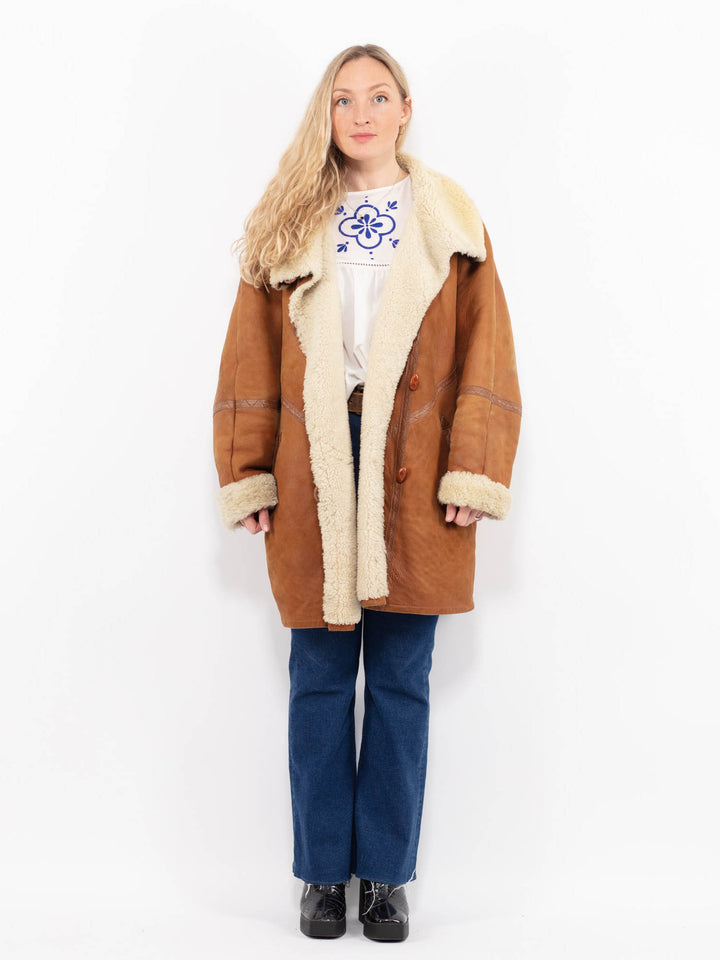 Vintage 80's Women Sheepskin Shearling Coat in Orange