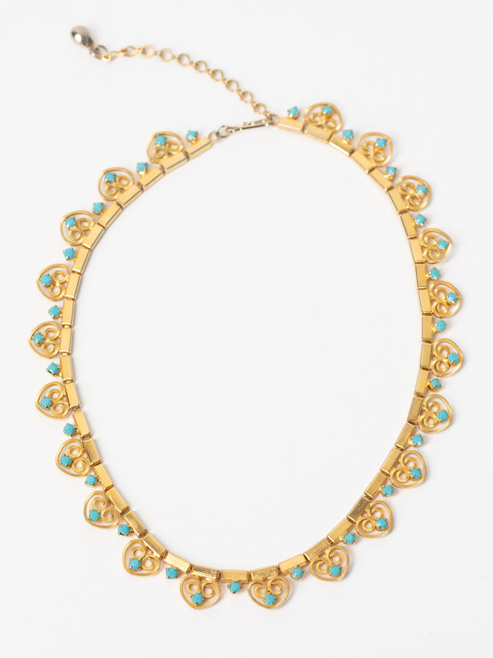 Vintage 60's Gold-Tone Heart Necklace with Blue Glass Cabochons