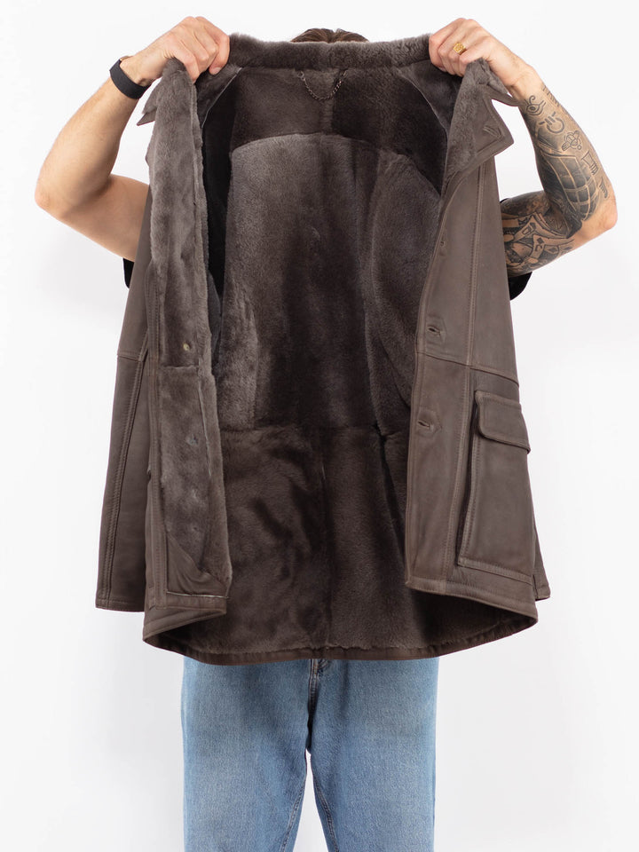 Vintage 80's Men Sheepskin Coat in Gray Brown