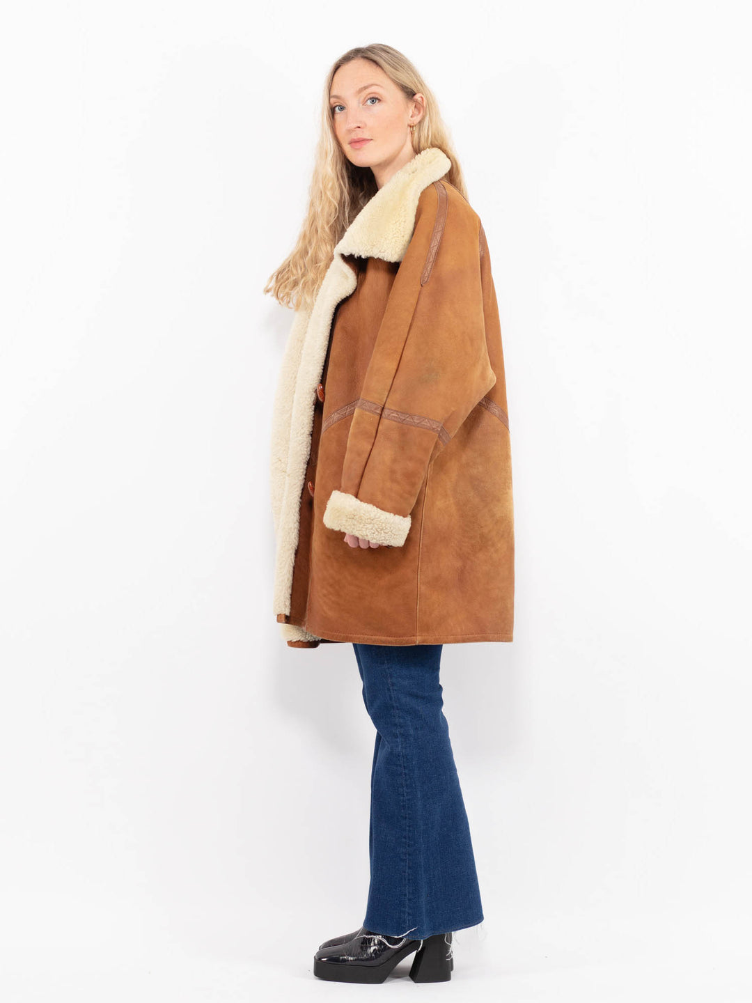 Vintage 80's Women Sheepskin Shearling Coat in Orange