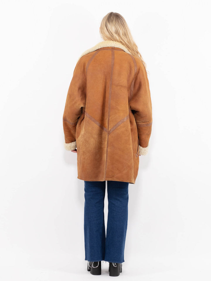 Vintage 80's Women Sheepskin Shearling Coat in Orange