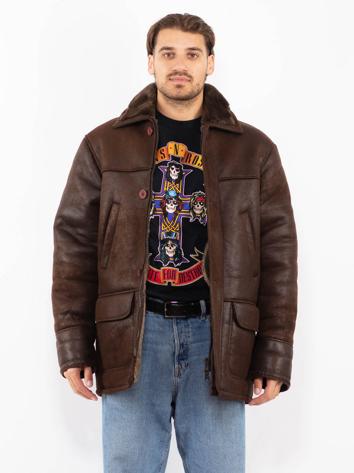 Vintage 90's Men Faux Sheepskin Coat in Dark Brown