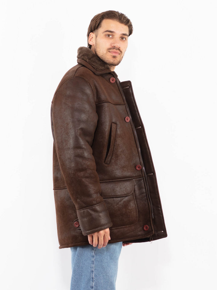 Vintage 90's Men Faux Sheepskin Coat in Dark Brown
