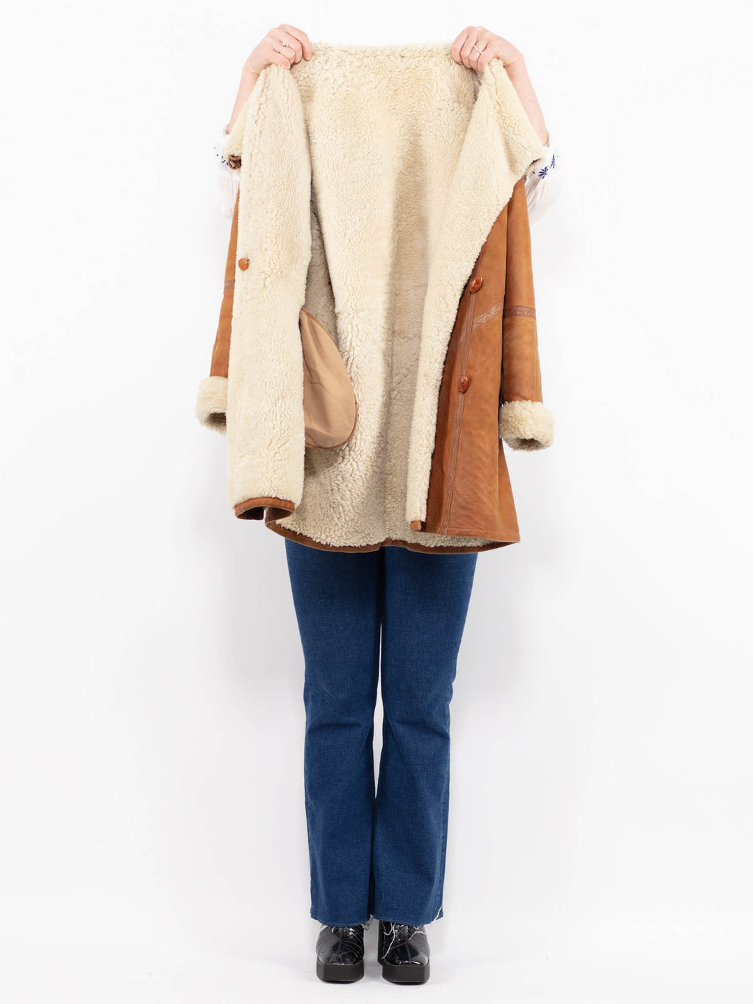 Vintage 80's Women Sheepskin Shearling Coat in Orange