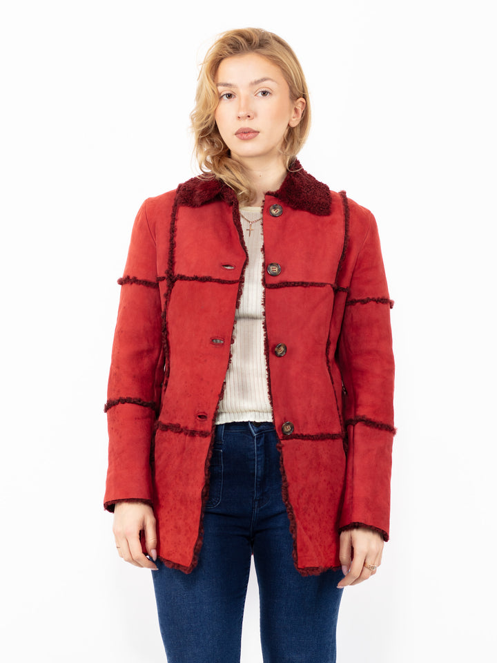 Vintage 90's Women Sheepskin Jacket in Red