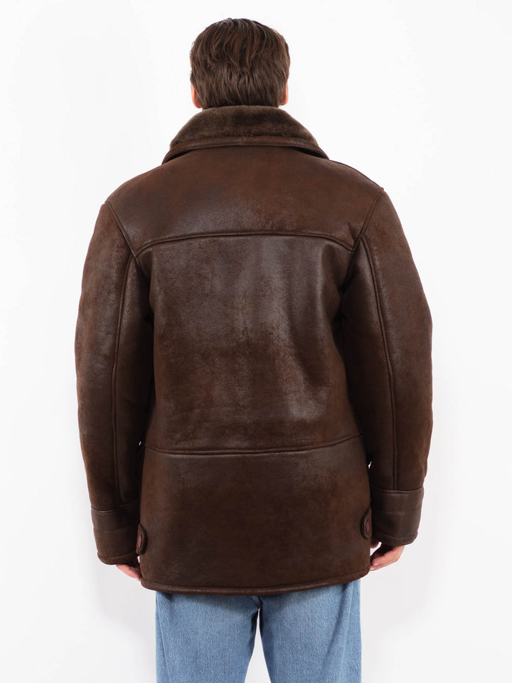 Vintage 90's Men Faux Sheepskin Coat in Dark Brown