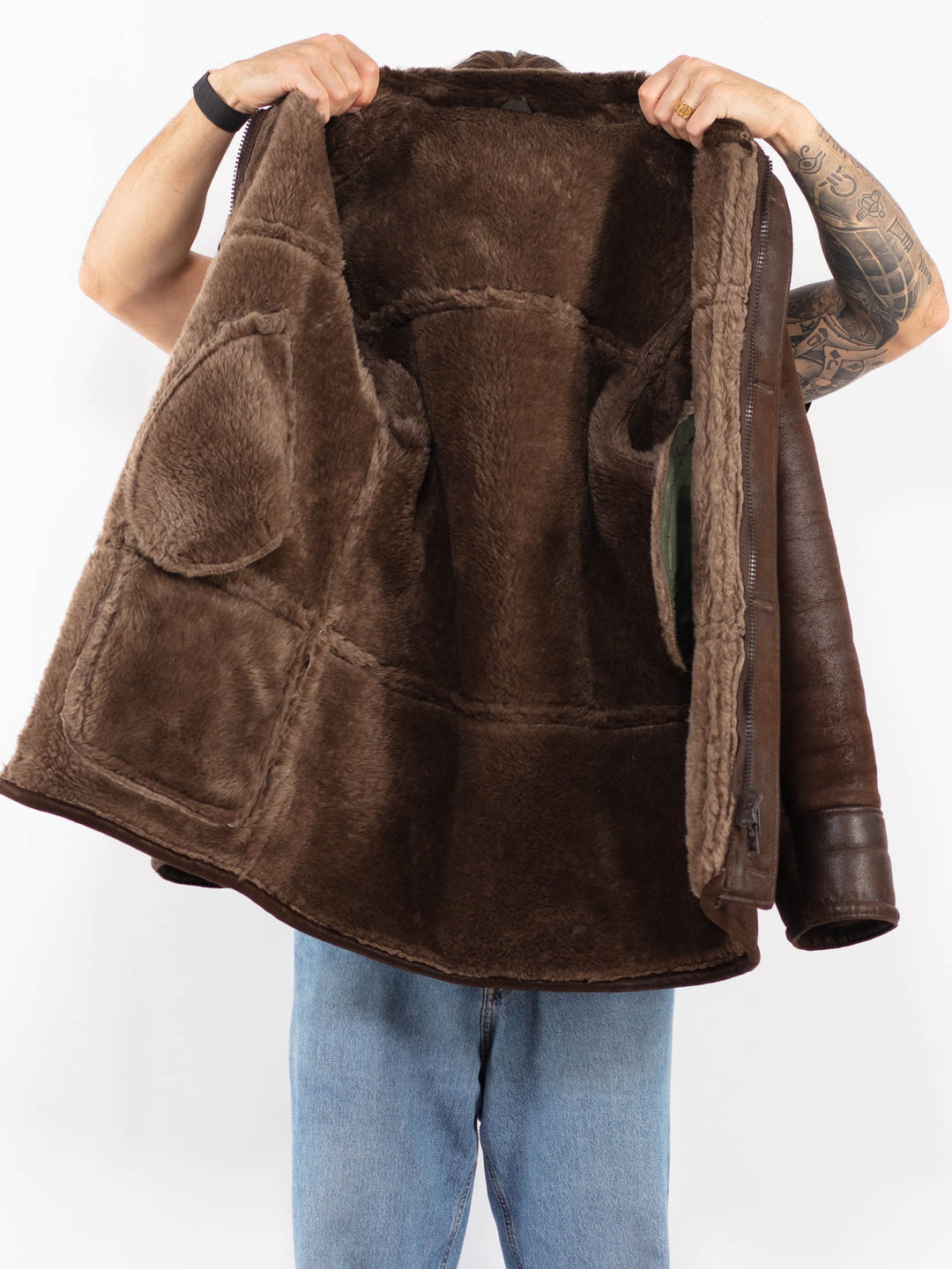 Vintage 90's Men Faux Sheepskin Coat in Dark Brown