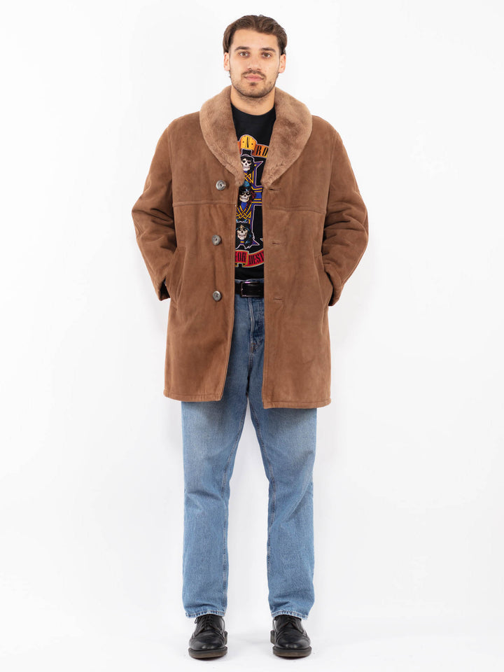 Vintage 70's Men Sheepskin Suede Coat in Brown