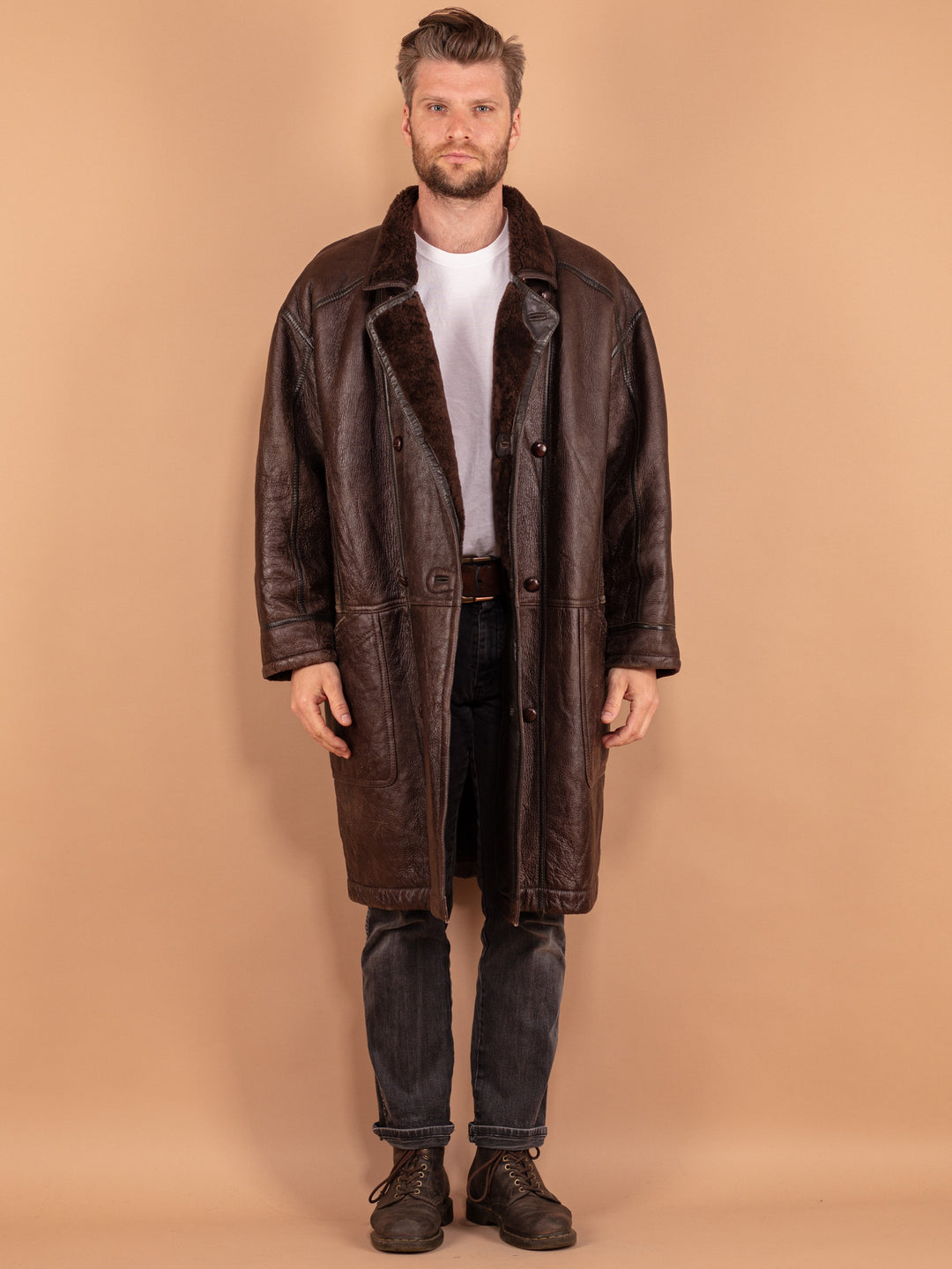 Vintage 80's Men Sheepskin Coat in Brown - NorthernGrip